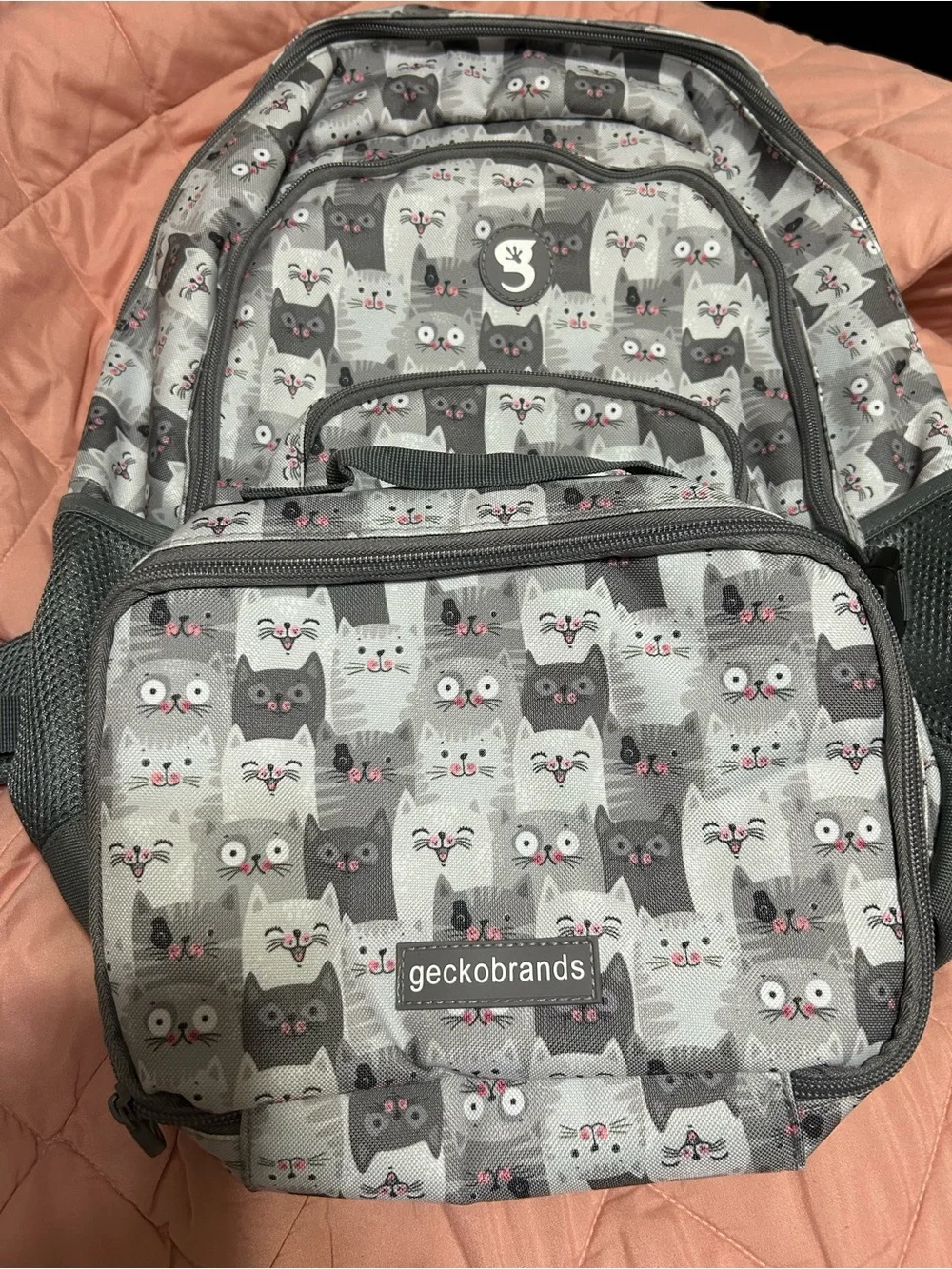 NWT Geckobrands Cat Print Backpack. Gray with Pink Accents Girls Love.